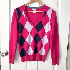Old Navy Y2K Pink Argyle V-Neck Sweater 100% Cotton Perfect Fit Size M